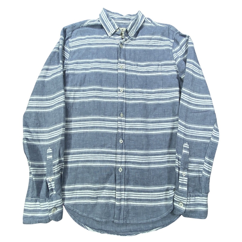 American Eagle Linen Blend Seriously Soft Shirt Men Small Plaid Blue Long Sleeve